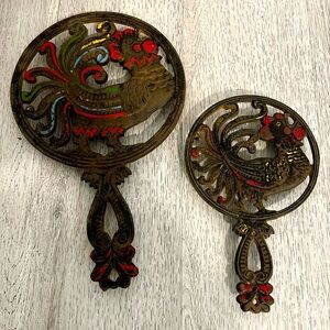 Two Vintage Rooster Cast Iron Trivet